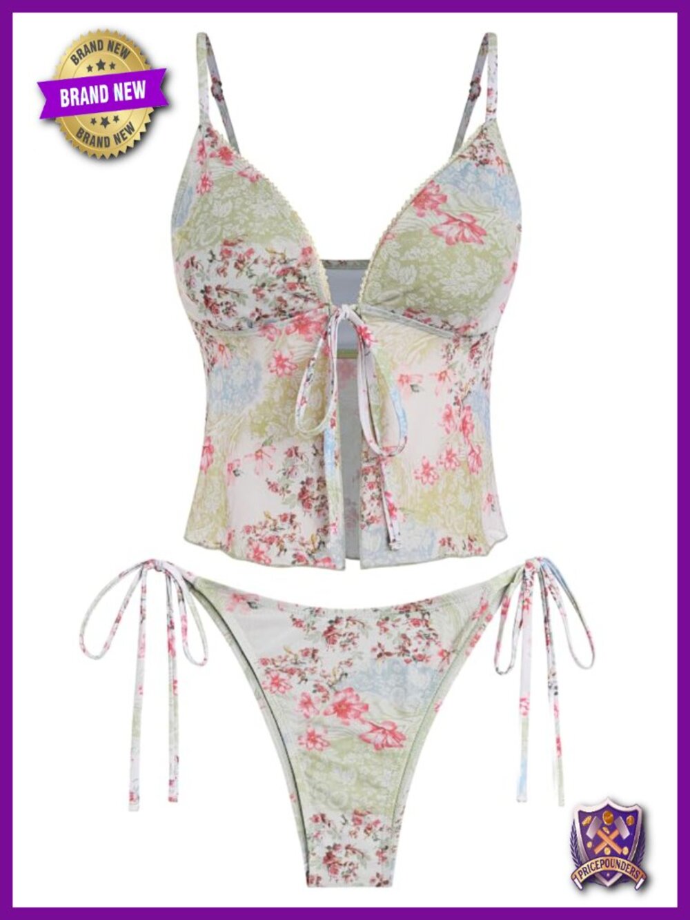 Women's Tie Front Tankini Set Lace Trim Cheeky Two Piece Swimsuit